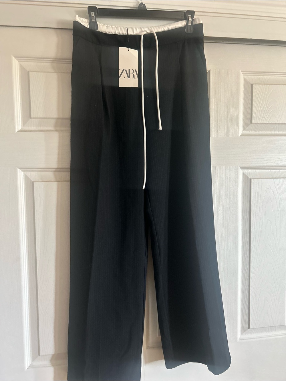 Zara Black Wide-Leg Pants with White Drawstring